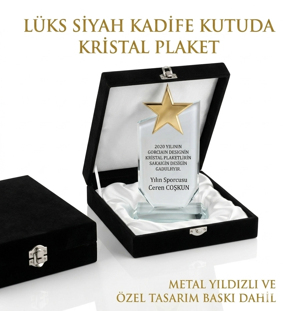 Kristal plaket metal yıldız ve siyah lüx kadife kutulu