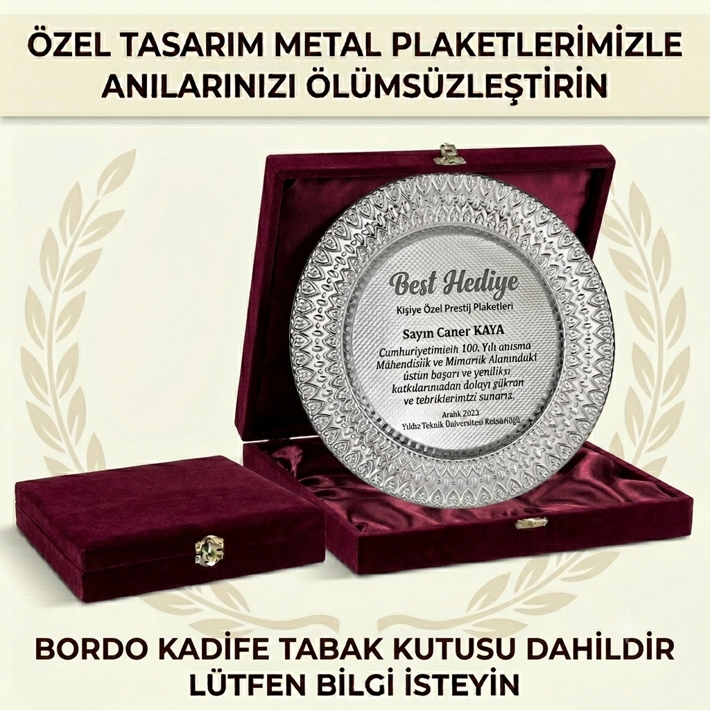 25 cm Gümüş Metal Tabak - Ardiva,  Kadife Bordo lüx kutu 28x28 cm