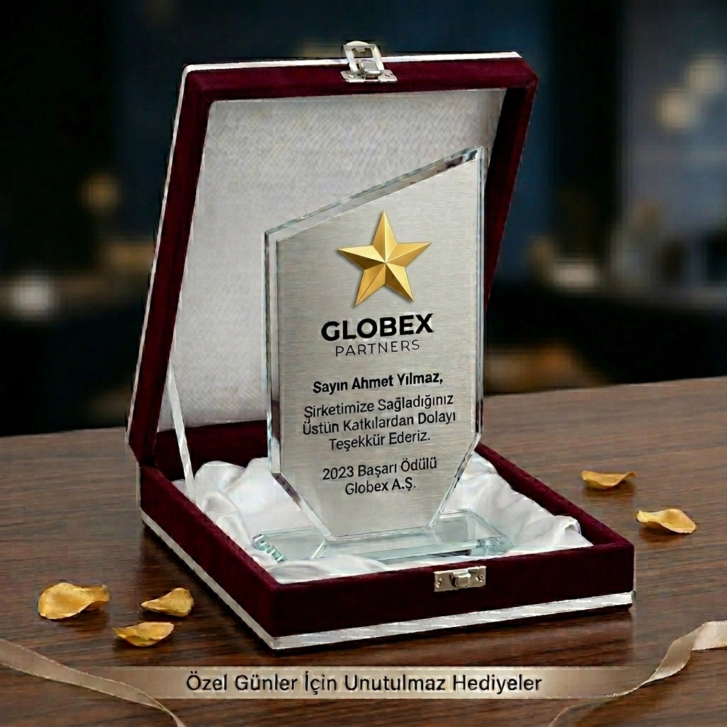 Kristal plaket gold yıldızlı , bordo lüx kadife kutulu