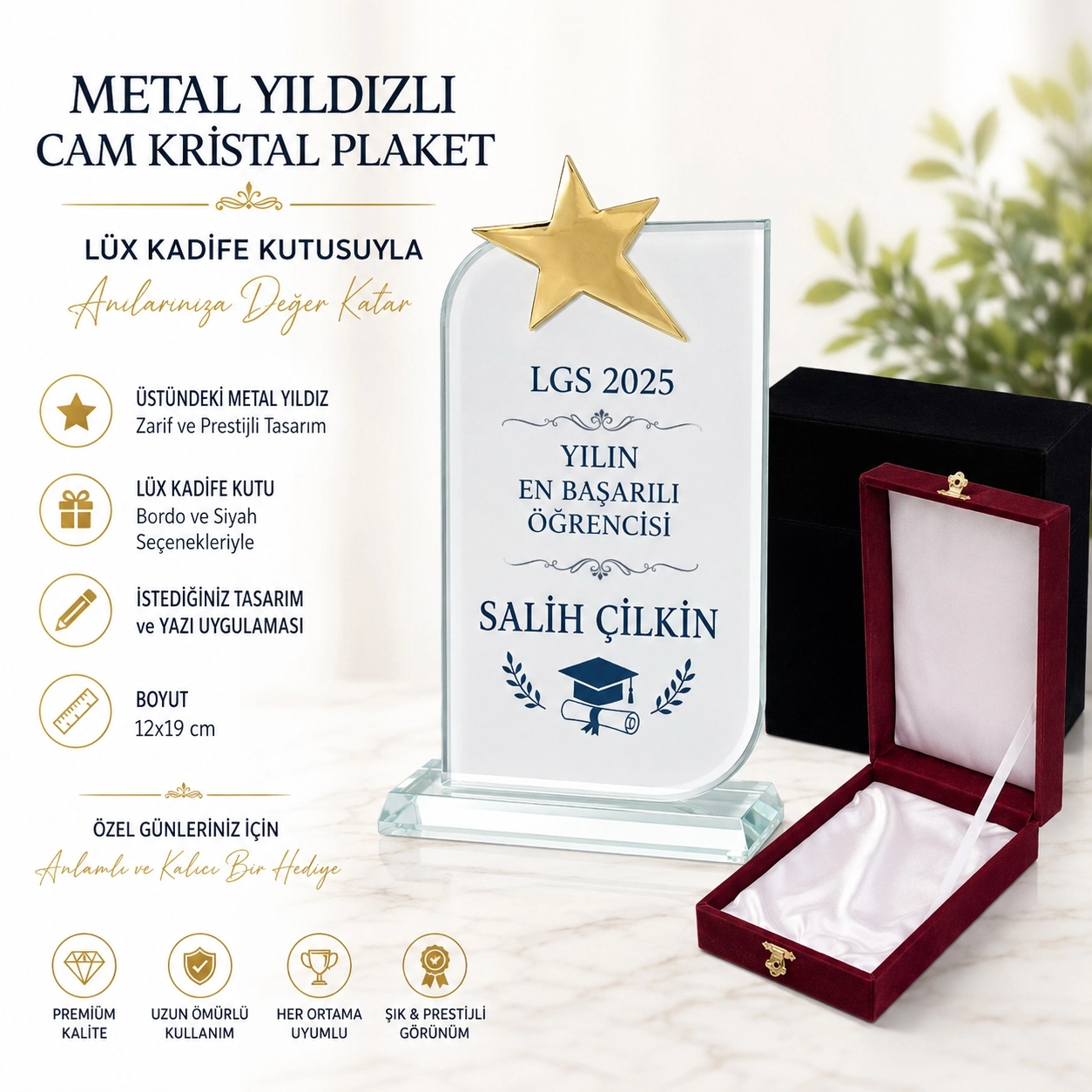 Kristal plaket metal yıldız ve kadife kutulu