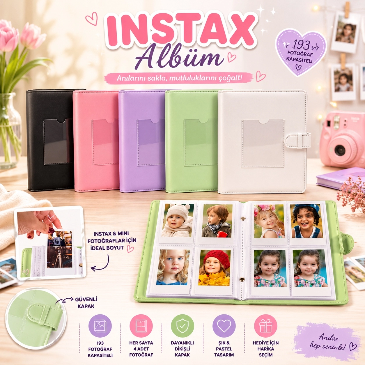 48 Instax  Polakart+İnstax Polakart Cepli Fotoğraf Albümü - 193 Kapasite