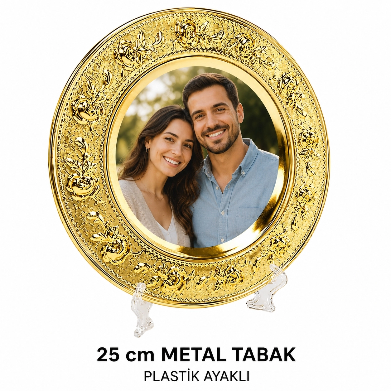 Altın/Gümüş  Metal Tabak Çiçek Desenli 25cm