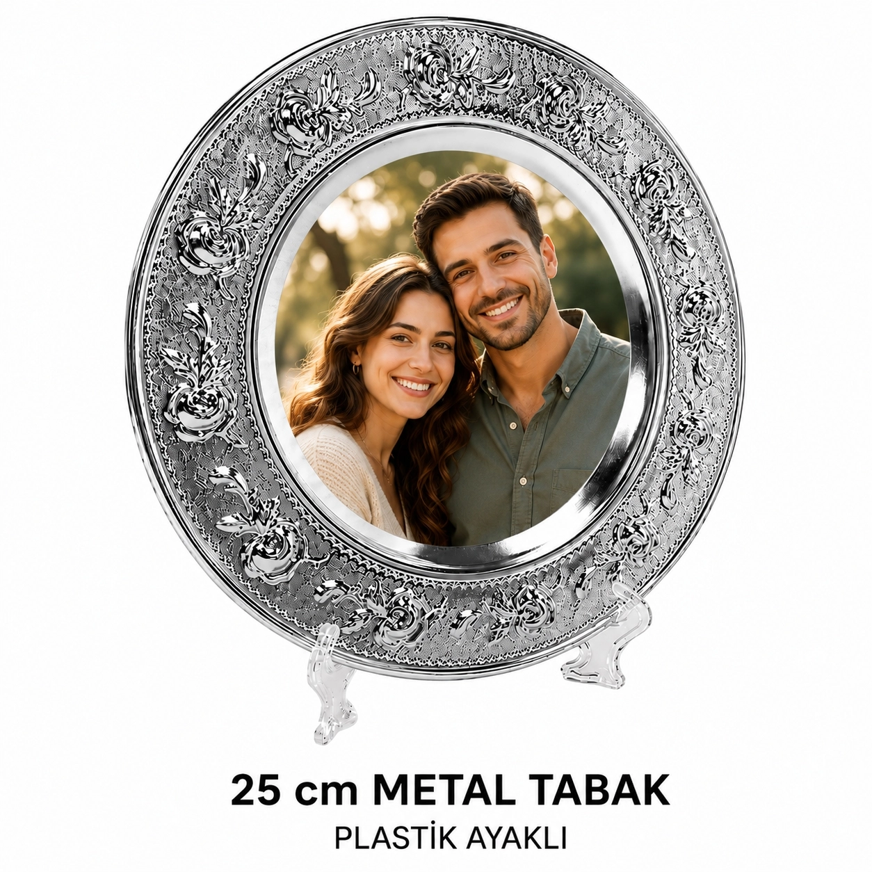 Altın/Gümüş  Metal Tabak Çiçek Desenli 25cm