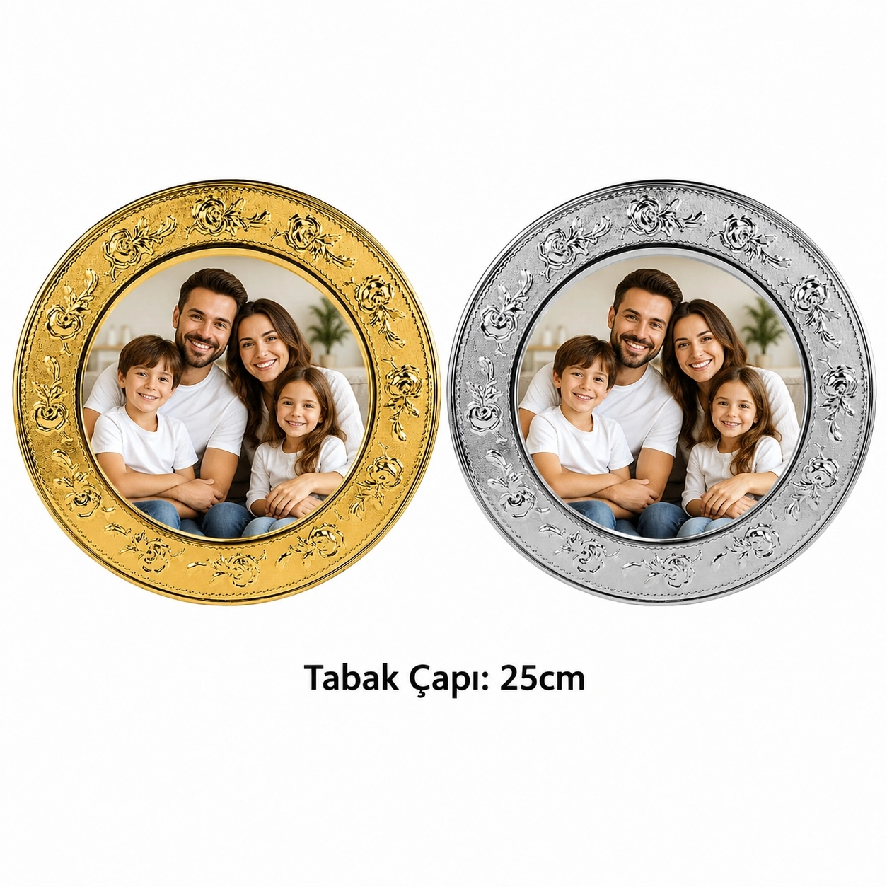Altın/Gümüş  Metal Tabak Çiçek Desenli 25cm