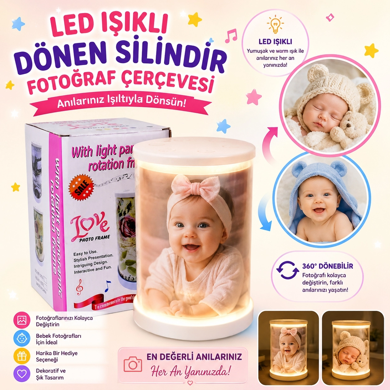 Led Işıklı Dönen Silindir Fotoğraf Çerçevesi
