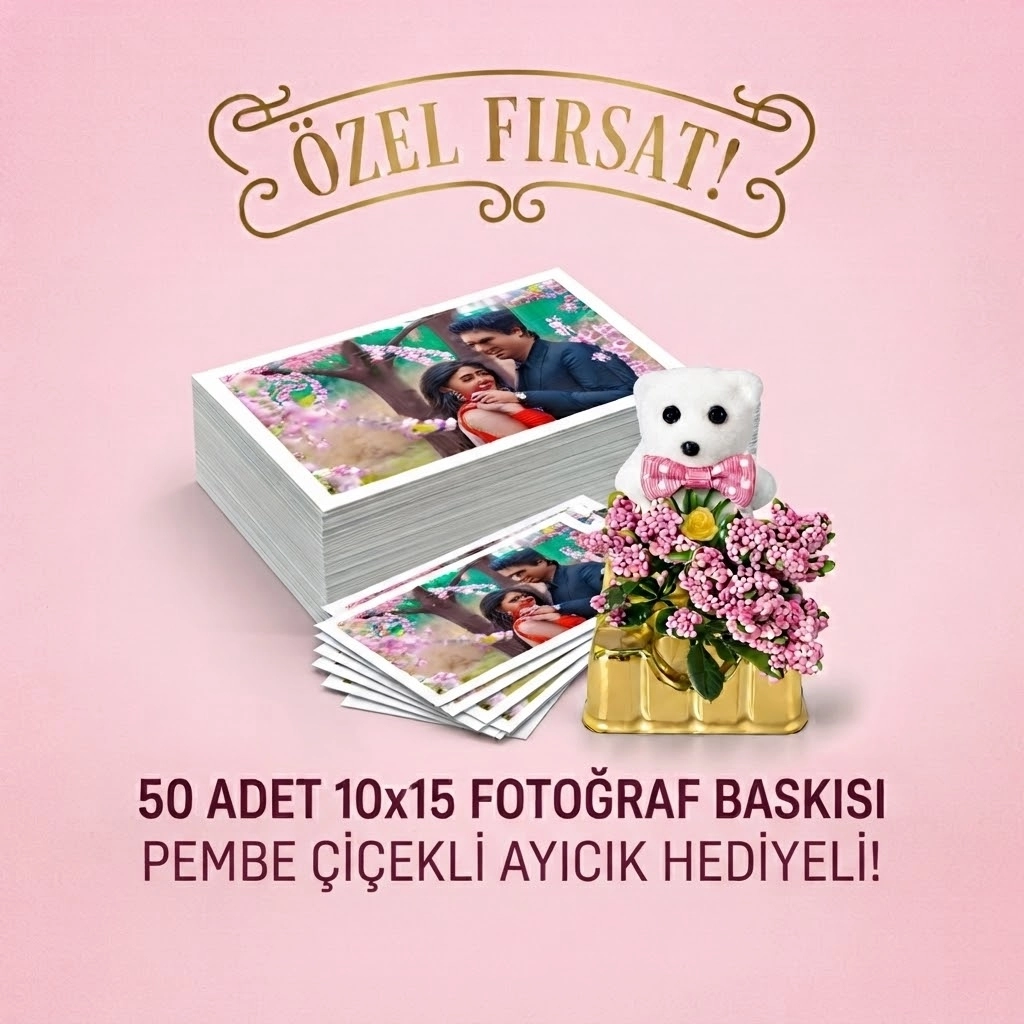 50 adet 10x15 fotoğraf baskısı+pembe çiçekli ayıcık hediyeli 