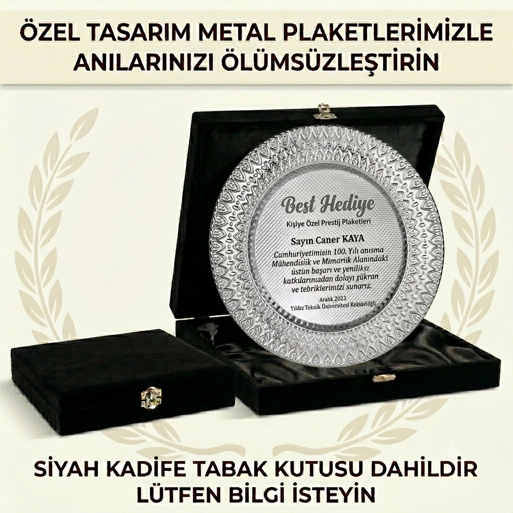 25 cm Gümüş Metal Tabak - Ardiva,  Kadife Siyah lüx kutu 28x28 cm