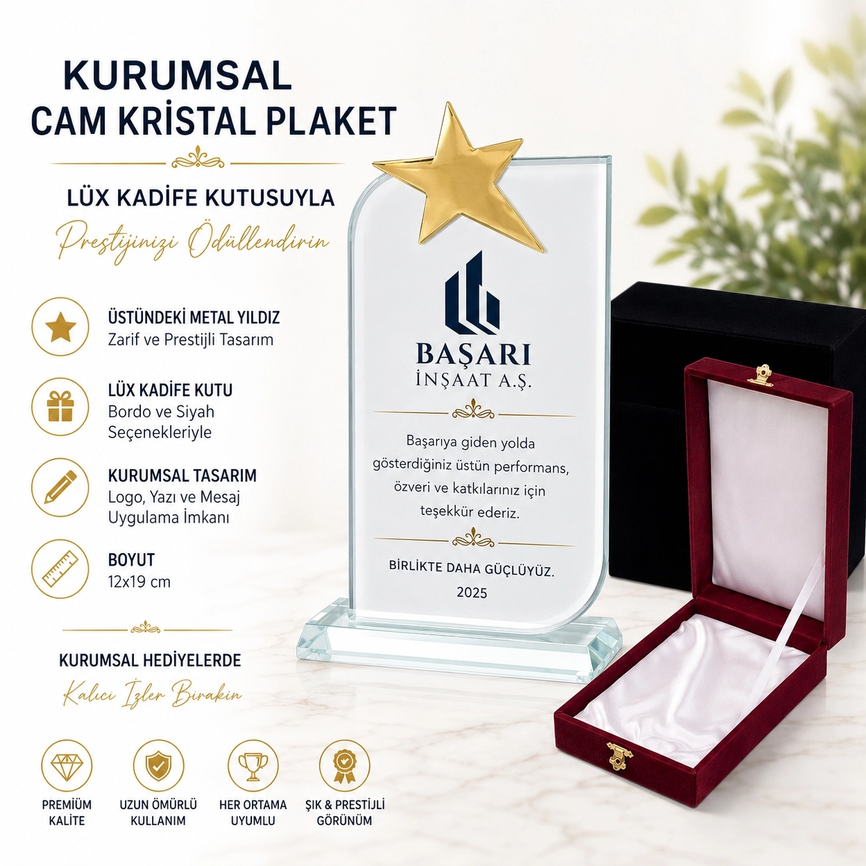 Kristal plaket metal yıldız ve kadife kutulu