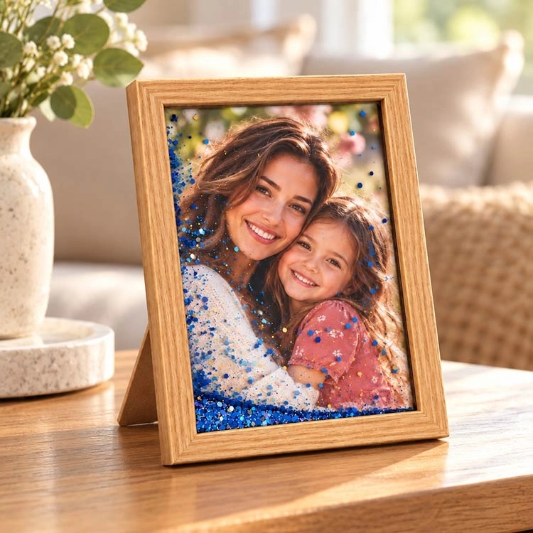 Ahşap Sulu Mavi Simli Fotoğraf Çerçevesi - 15x20cm