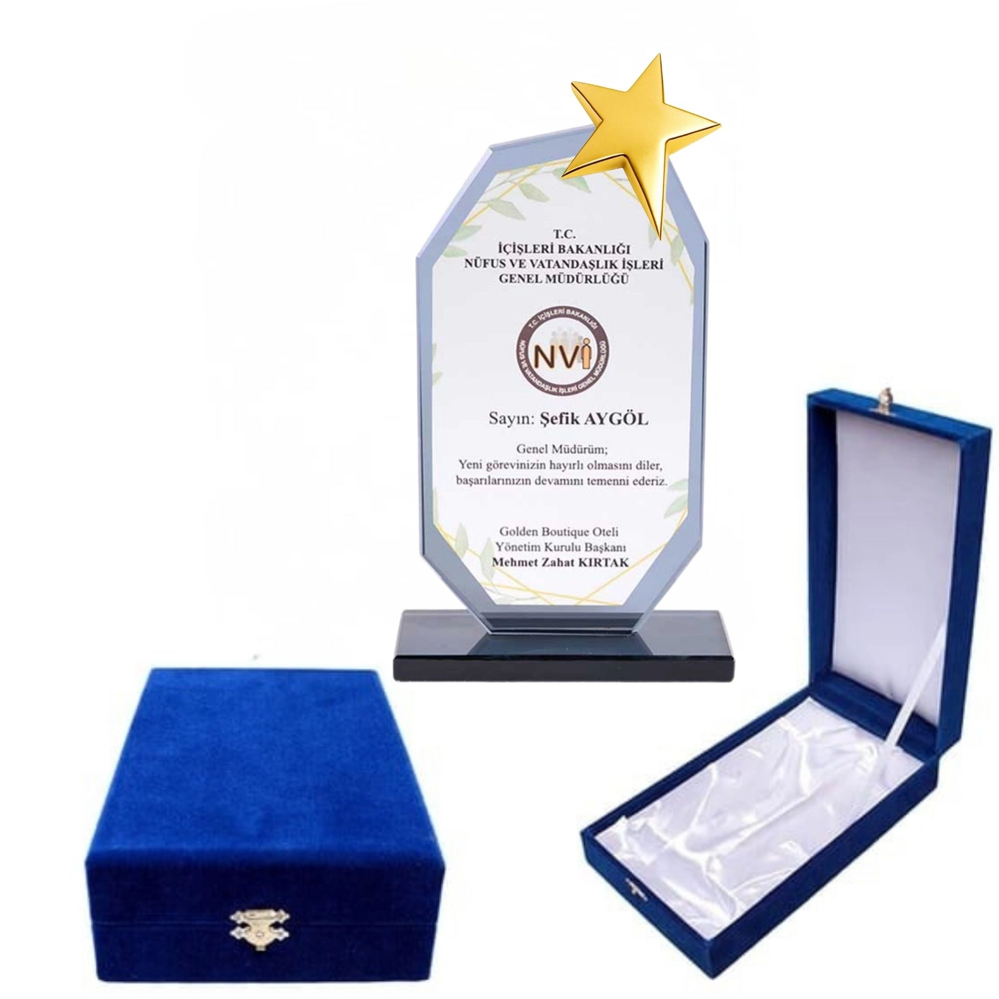 Kristal Cam Plaket Füme renk metal yıldızlı kadife kutulu