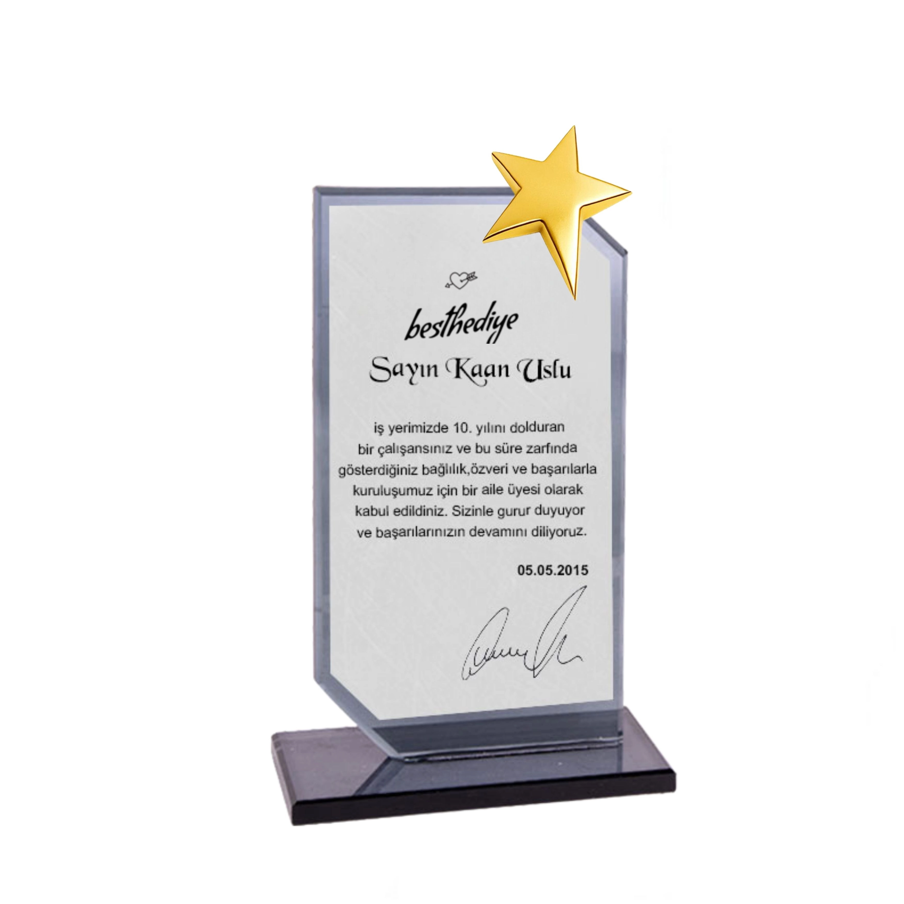 Füme Kristal Cam Plaket-metal yıldızlı