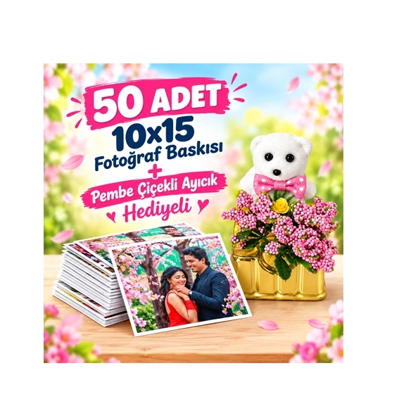 50 adet 10x15 fotoğraf baskısı+pembe çiçekli ayıcık hediyeli 