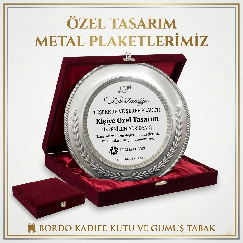 25cm silver metal Tabak,  Kadife Bordo lüx kutu 28x28 cm