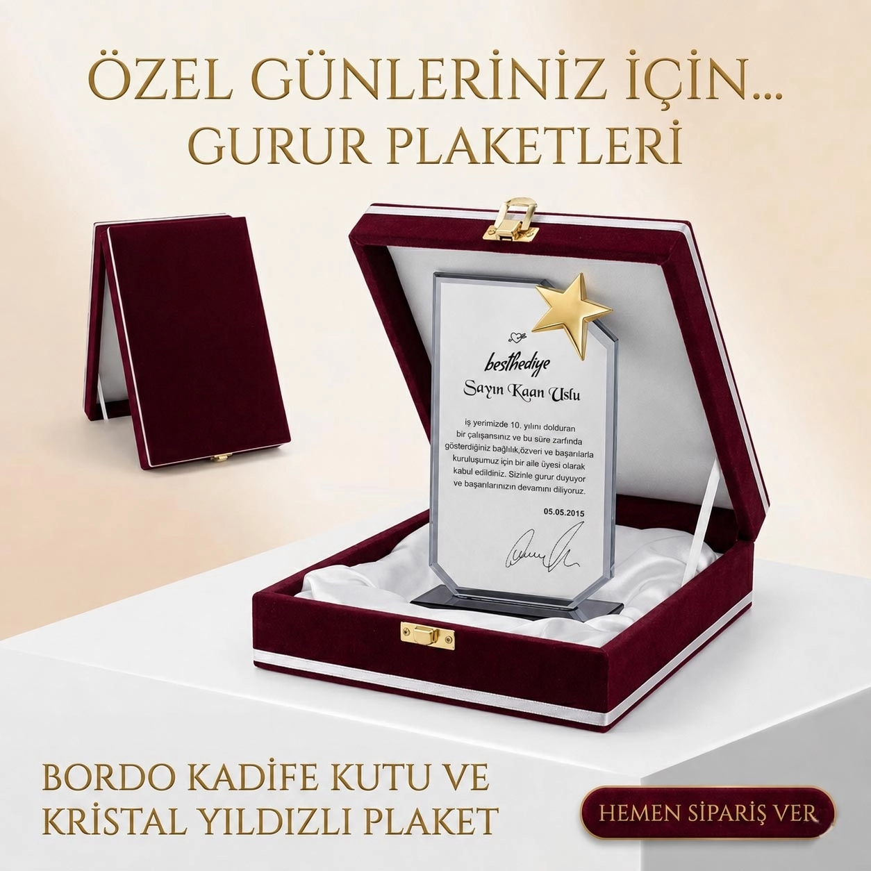 Kristal plaket metal yıldız ve bordo lüx kadife kutulu