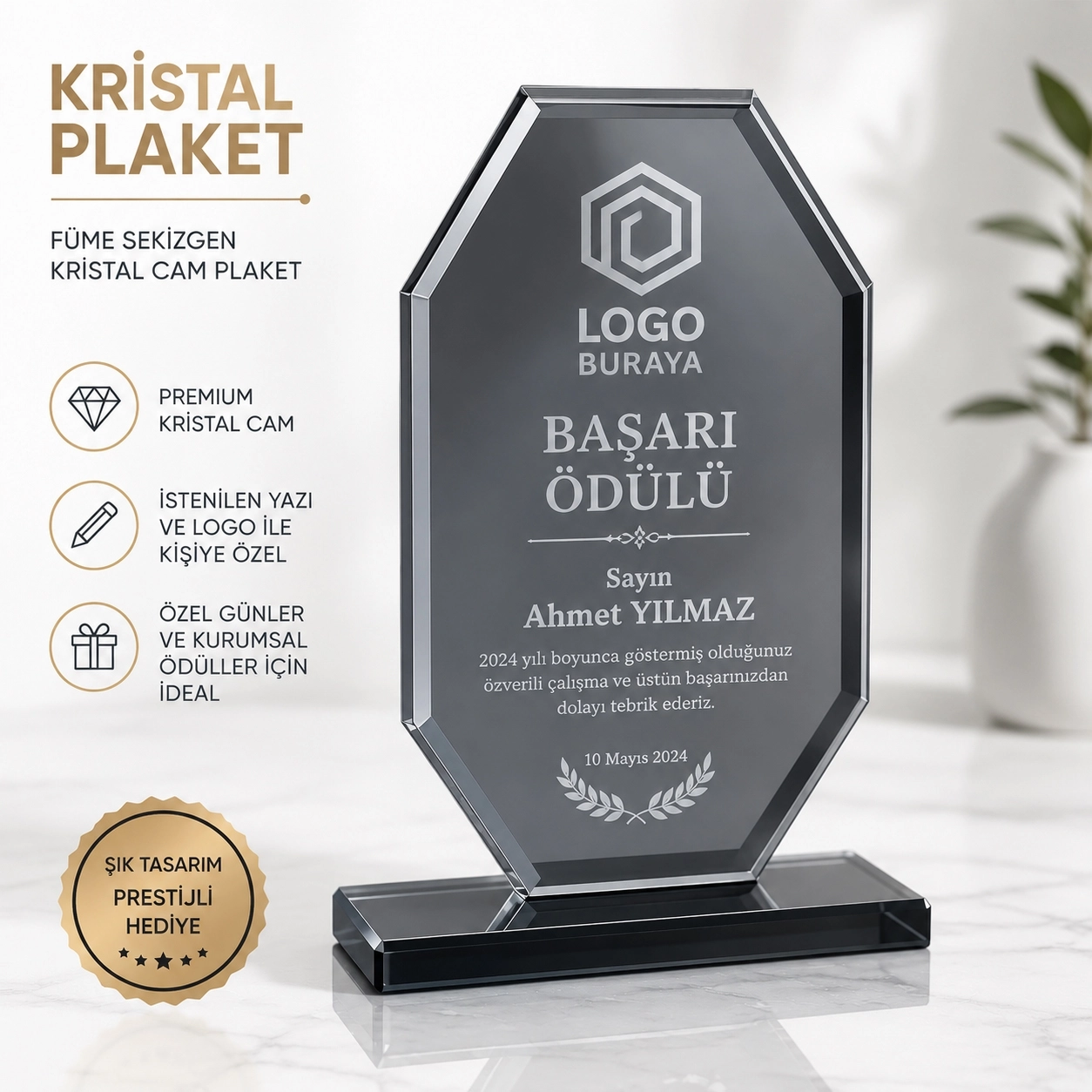 Kristal Cam Plaket Füme renk metal yıldızlı