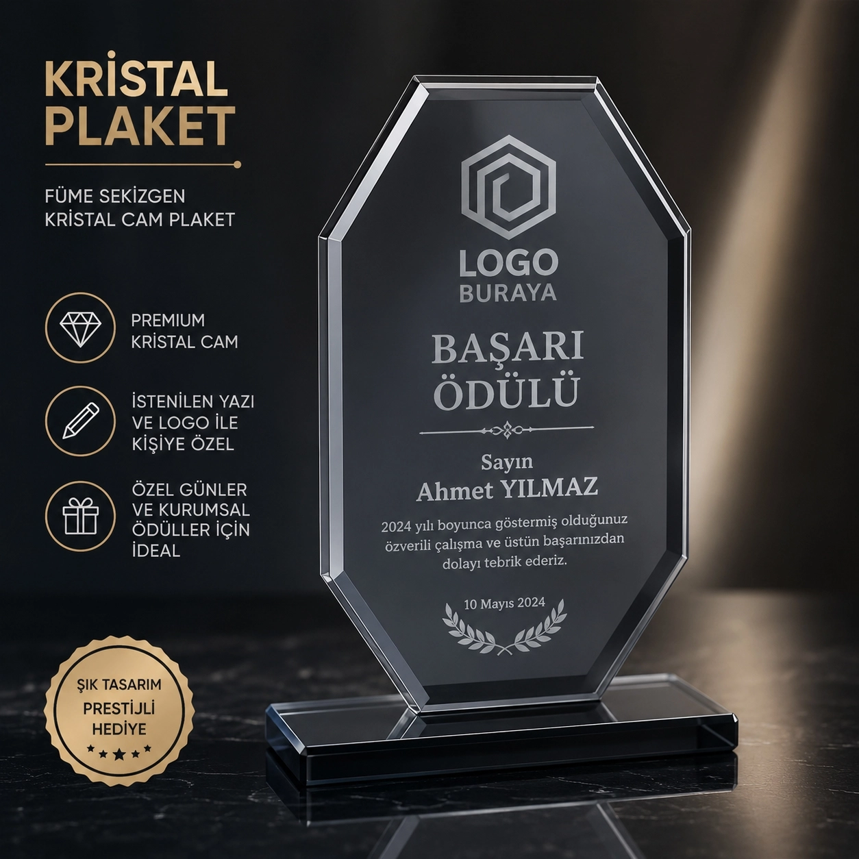Kristal Cam Plaket Füme renk metal yıldızlı