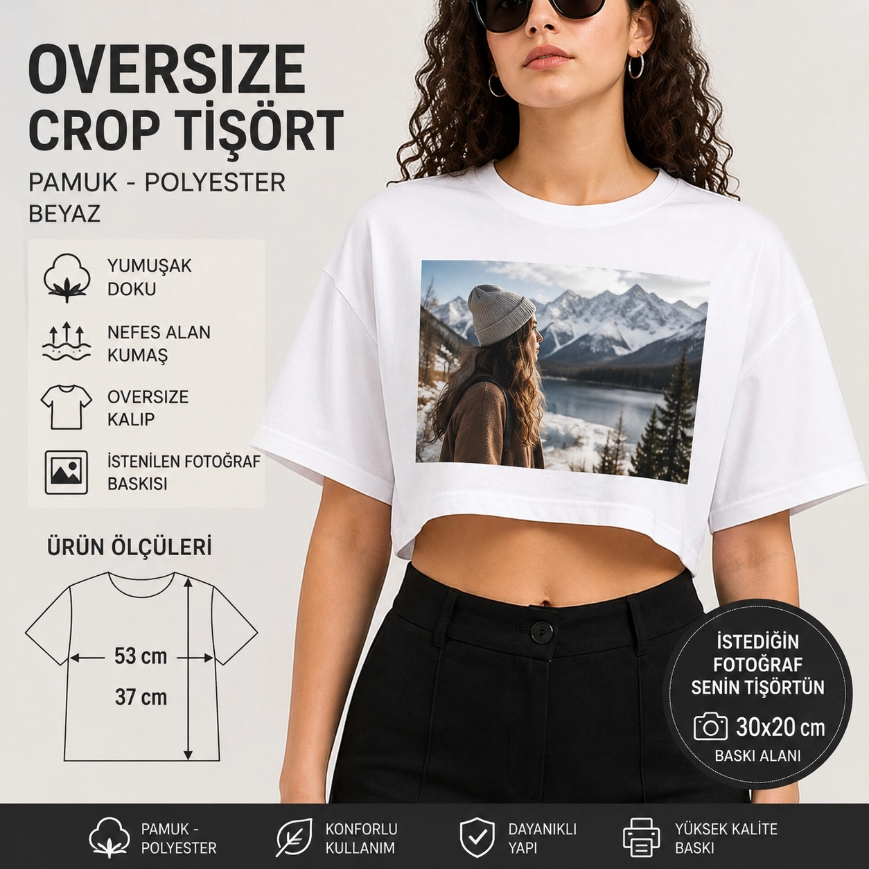 Oversize Pamuk - Polyester Beyaz Crop Tişört
