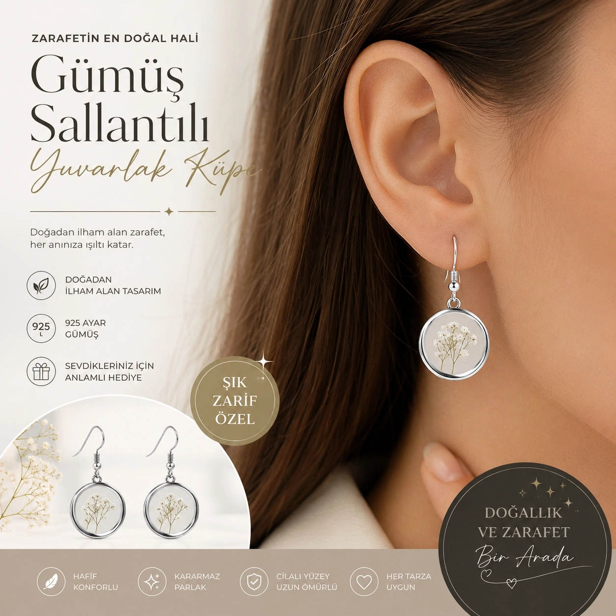 Gümüş Sallantılı Yuvarlak Küpe