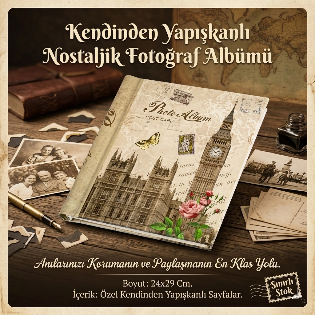 Kendinden Yapışkanlı Nostaljik Fotoğraf Albüm 24x29 Cm