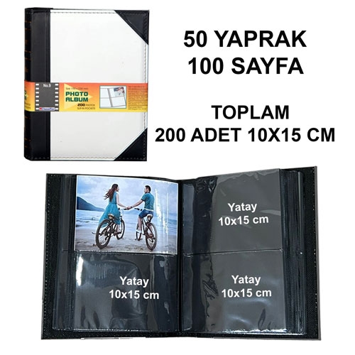 Deri Fotoğraf Albümü 200’lük 10x15 cm Beyaz Siyah