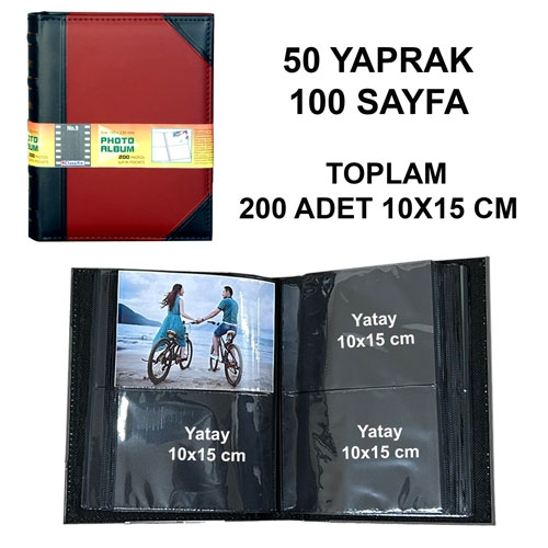 Deri Fotoğraf Albümü 200’lük 10x15 cm Siyah Bordo