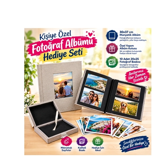 30x37 manyetik albüm+Özel yapım büyük ahşap kutu+10 adet 20x25 baskı