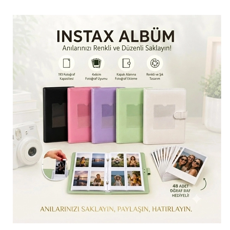 48 Instax  Polakart+İnstax Polakart Cepli Fotoğraf Albümü - 193 Kapasite