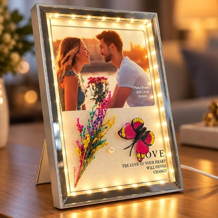 Kelebek ve Kuru Çiçekli Led Işıklı Fotoğraf Çerçevesi