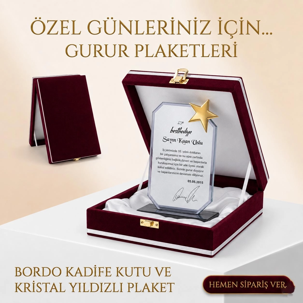 Kristal plaket metal yıldız , bordo lüx kadife kutulu