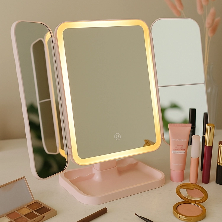LED Işıklı Katlanabilir Şarjlı Pembe Makyaj Aynası