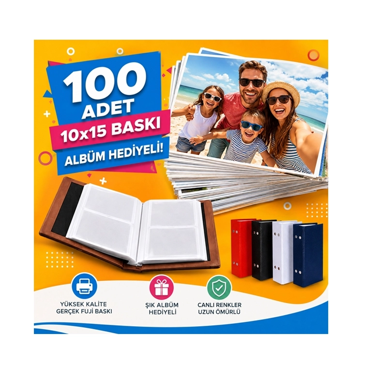 100 adet Fotoğraf 10x15 baskı+albüm hediyeli