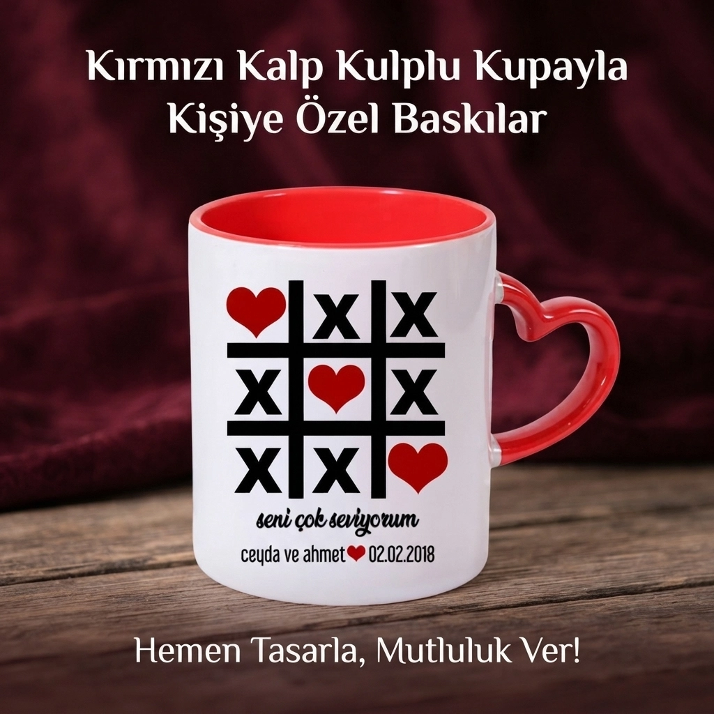 Kulpu Ve İçi Kırmızı Kulpu Kalp Kupa Bardak - istenilen resimle