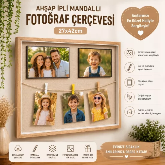 Ahşap İpli Mandallı Fotoğraf Çerçeve - 27x42cm