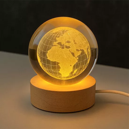 3D Led Işıklı Dünya Kristal Cam Küre Gece Lambası