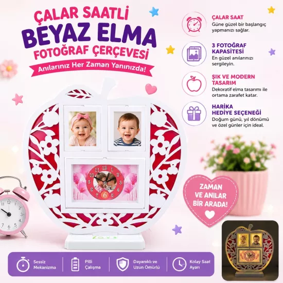 Çalar Saatli Beyaz Elma Fotoğraf Çerçevesi