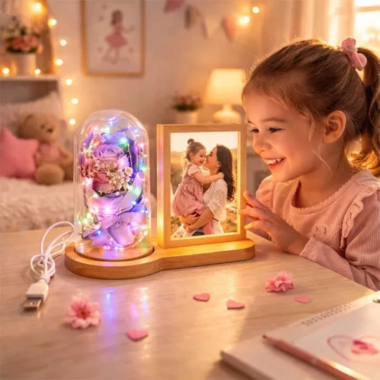 Ahşap Işıklı Gül Buketi Fotoğraf Çerçevesi