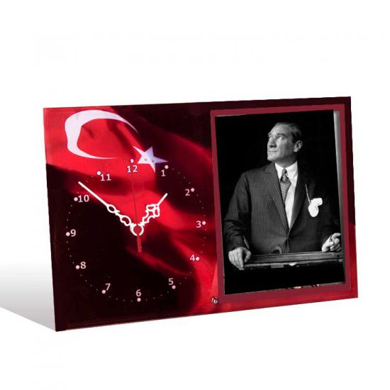 Türk Bayraklı-Atatürk resimli Cam Saatli Fotoğraf Çerçeve - 23x35