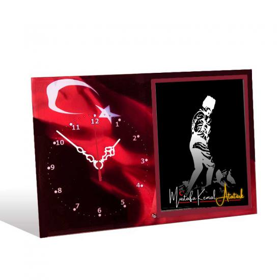 Atatürk resimli Cam Saatli Fotoğraf Çerçeve -