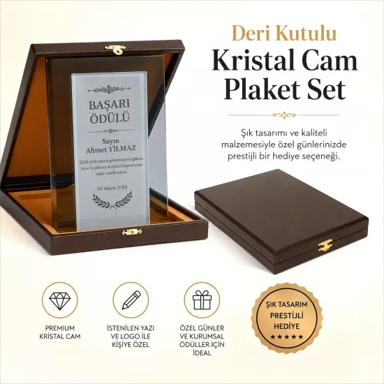 Deri Kutulu Cam Plaket Set