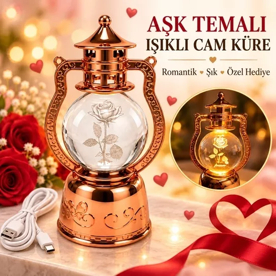 Cam Küreli Aşk Temalı Işıklı Fener - Ledli Kandil