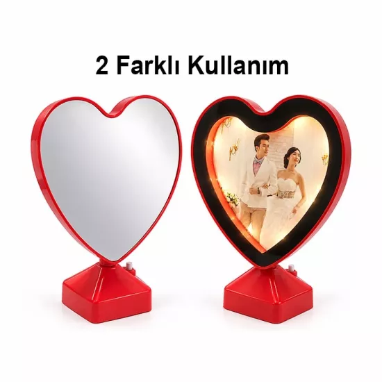 Kırmızı Kalpli Sihirli Ayna - Led Işıklı Çerçeve
