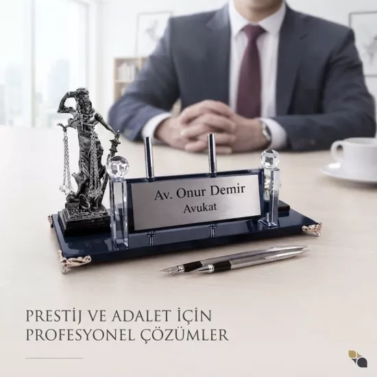 Gümüş Adalet Heykelli Kristal Masa İsimliği