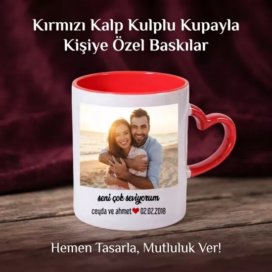 Kulpu Ve İçi Kırmızı Kulpu Kalp Kupa Bardak