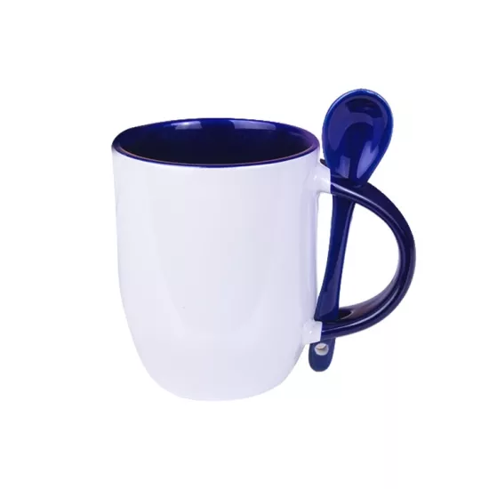 İçi lacivert Kaşıklı Porselen Kupa - Kutulu