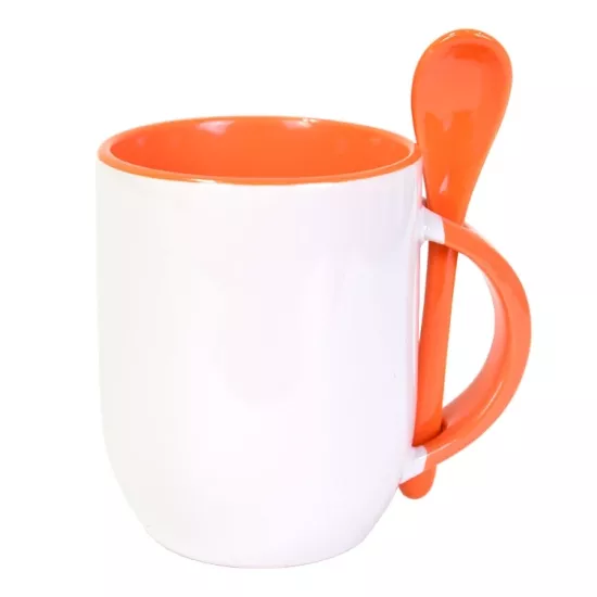 İçi Turuncu Kaşıklı Porselen Kupa - Kutulu