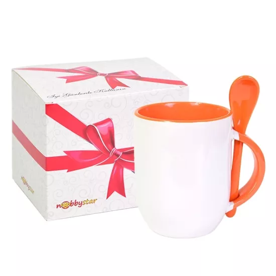 İçi Turuncu Kaşıklı Porselen Kupa - Kutulu