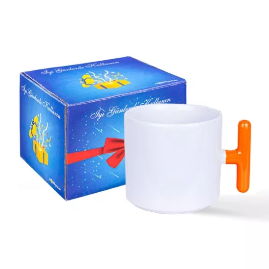 Porselen Turuncu Kulplu T Kupa Bardak - Kutulu