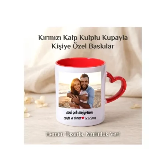 Kulpu Ve İçi Kırmızı Kulpu Kalp Kupa Bardak