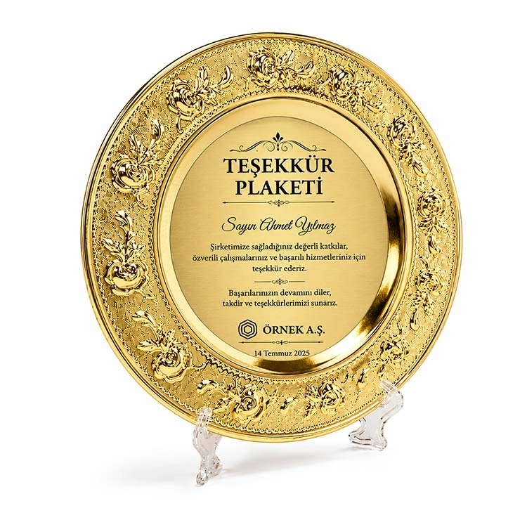  Altın Metal Supla Tabak Çiçek Desenli  25cm  Kadife  lüx kutu 28x28 cm