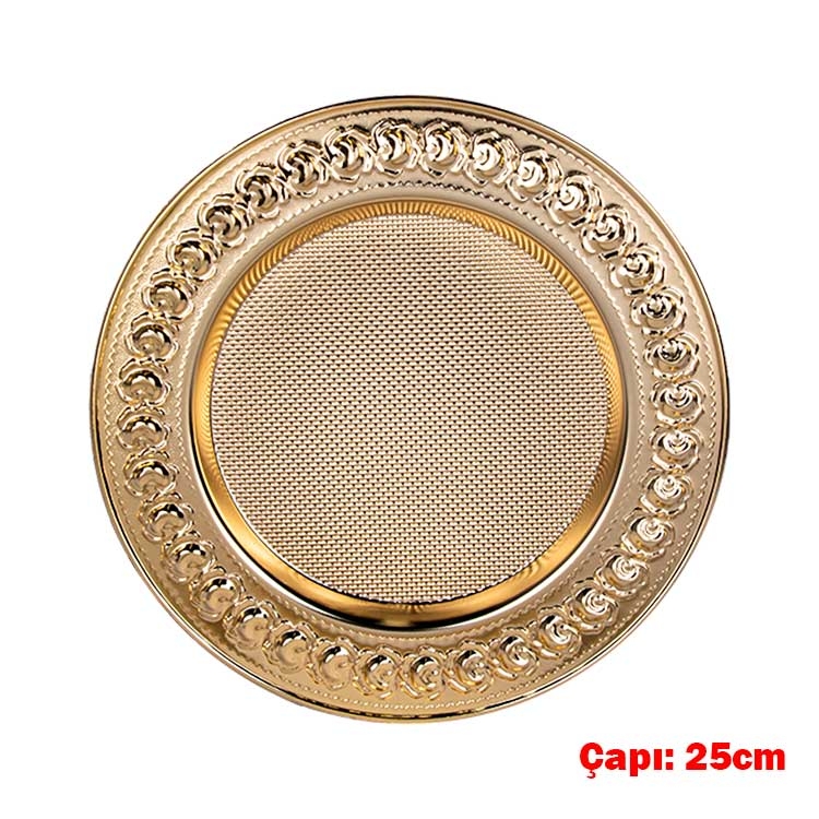 Gül Desenli Gold Metal Tabak - 25cm